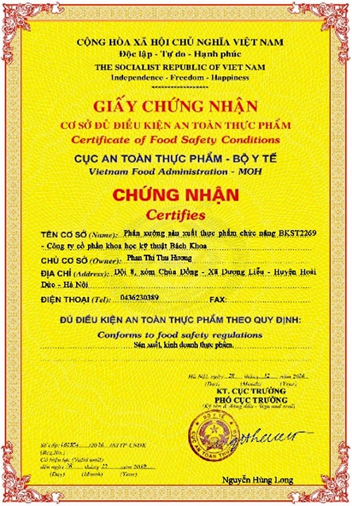 Chứng nhận An toàn của Cục An Toàn Thực Phẩm - Bộ Y Tế Việt Nam